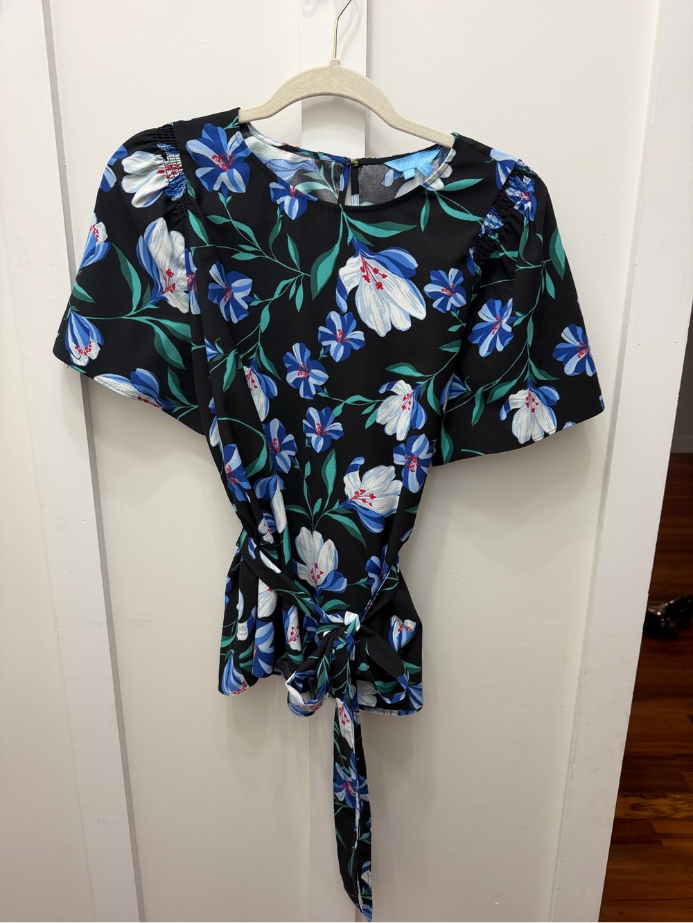 Draper James Black Floral Tie-Waist Blouse with Blue & White Flowers